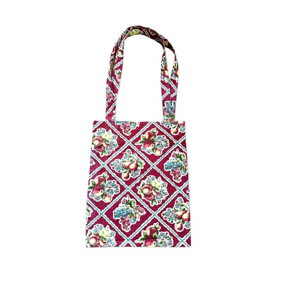 Side Eye Bird Handmade Tote Bag Fruit Print Floral Muted Red Canvas Market - Picture 4 of 9